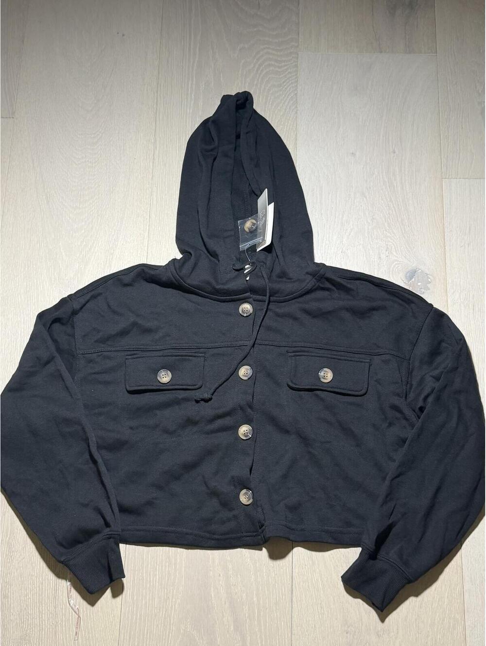 NWT Hippie Rose Black Cropped Button Front Hoodie Jacket Women’s Size Small